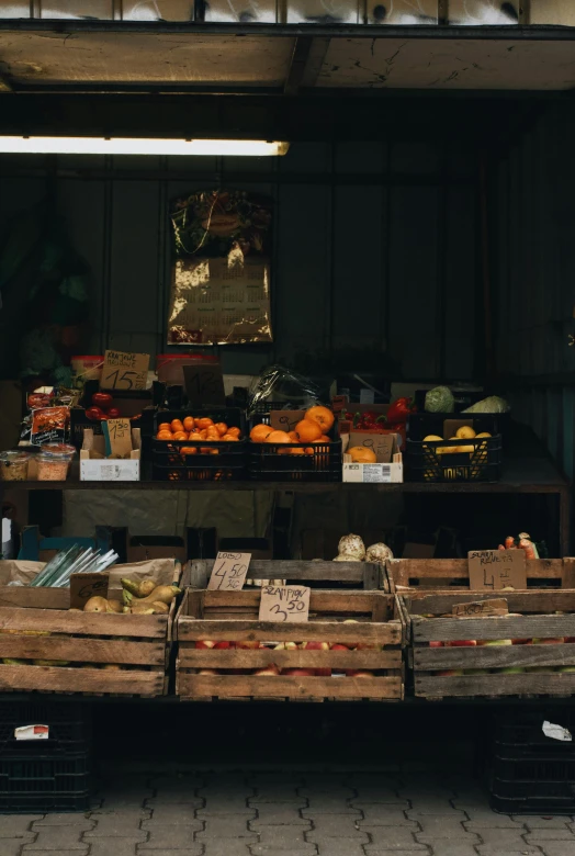 a man standing in front of a fruit stand, pexels contest winner, renaissance, crates and parts on the ground, dark warm light, new zealand, panoramic shot