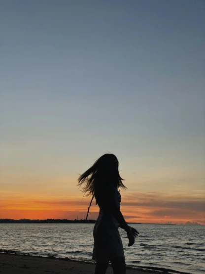 a woman standing on top of a beach next to the ocean, during a sunset, long hair windy, cindy avelino, silhouetted