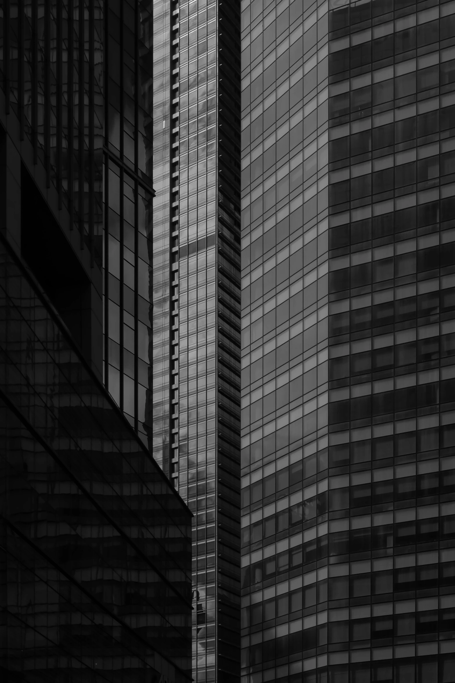 a couple of tall buildings next to each other, inspired by Peter Basch, postminimalism, full of glass. cgsociety, dark lines, style of hiroshi sugimoto, interesting shapes & form