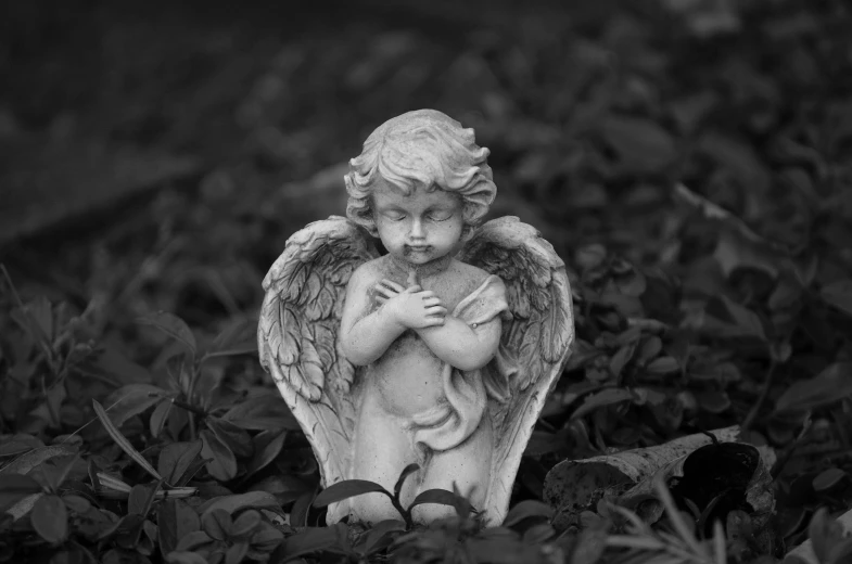 a black and white photo of a statue of an angel, pixabay contest winner, young child, biblically acurate angel, absence makes heart grow fonder, kewpie