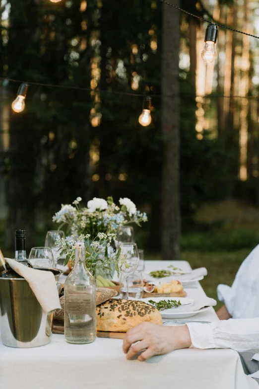 a man and a woman sitting at a table with food, by Jaakko Mattila, unsplash, evening!! in the forest, champagne on the table, summer lighting, linen