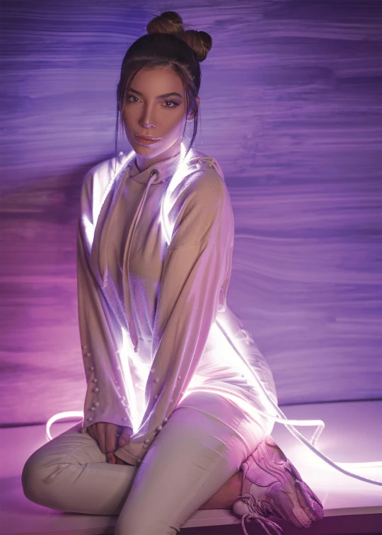 a woman sitting on top of a white bench, an album cover, holography, purple lighting, kendall jenner, li bingbing, cables on her body