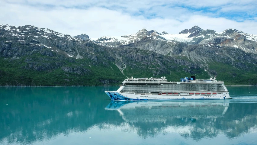 a cruise ship in a body of water with mountains in the background, light blue water, glacier, multiple stories, 8k ultra