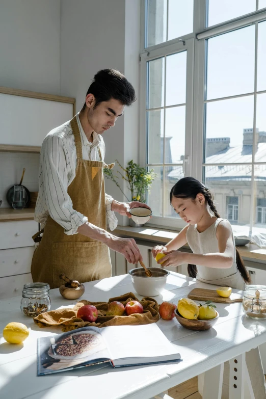 a man and a woman preparing food in a kitchen, by Zeen Chin, pexels contest winner, renaissance, young asian girl, square, baking cookies, fruit