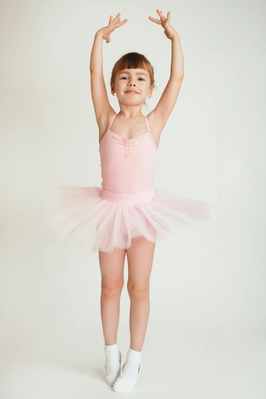 a little girl in a pink tutu posing for a picture, shutterstock, arabesque, high resolution photo, with arms up, gif