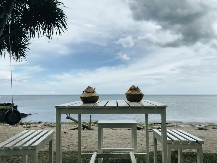 a wooden table sitting on top of a lush green field, sitting on the beach, coconuts, grey, skies