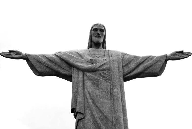 a black and white photo of a statue of jesus, by Matteo Pérez, pexels, at the world cup, wide frontal view, raptor jesus, wearing a grey robe