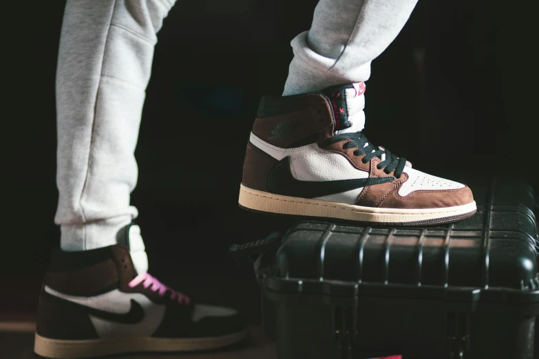 a person standing on top of a suitcase, inspired by Jordan Grimmer, trending on unsplash, air jordan 1 high, wearing a brown, grime and grunge, sitting on a store shelf