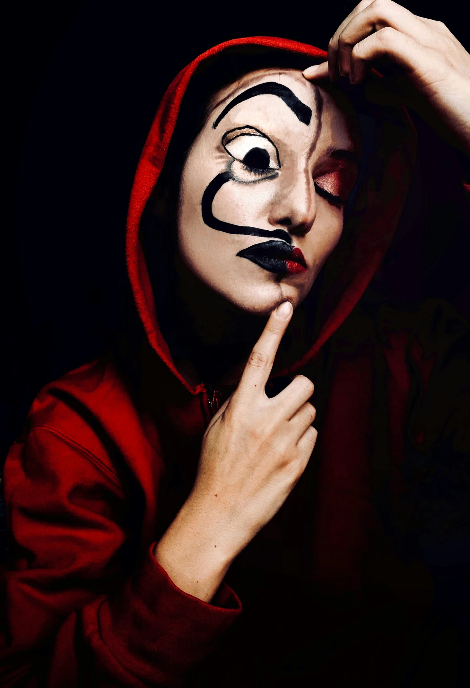 a man in a red hoodie with a mask on, inspired by Taro Yamamoto, reddit, goth clown girl, bodypainting, avatar image, angelina stroganova