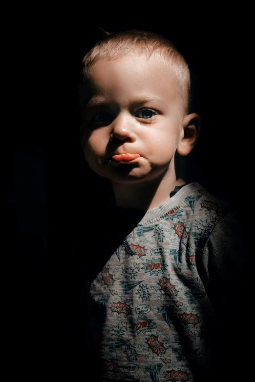 a close up of a child with a toothbrush in his mouth, by Eglon van der Neer, pexels contest winner, hyperrealism, glowing in the dark, having a snack, pouty lips, portrait of a small