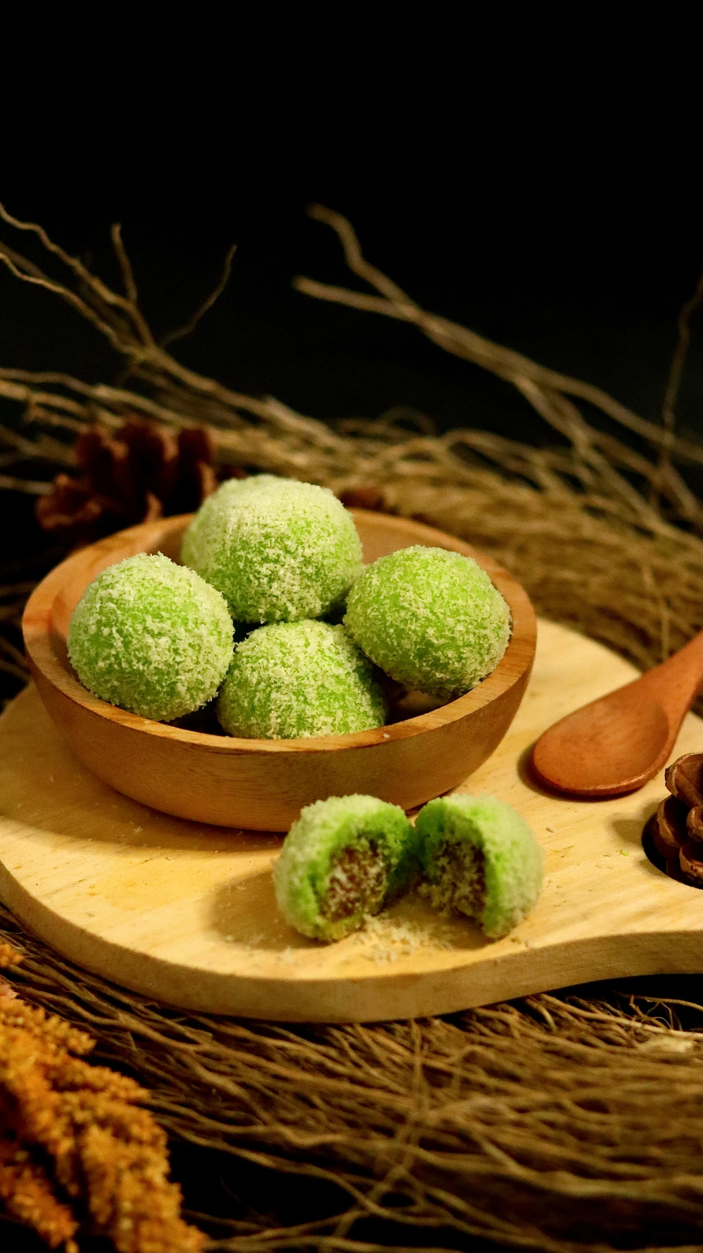 a close up of a bowl of food on a table, a digital rendering, by Basuki Abdullah, shutterstock, hurufiyya, sweets, light green, stuffed, indonesia