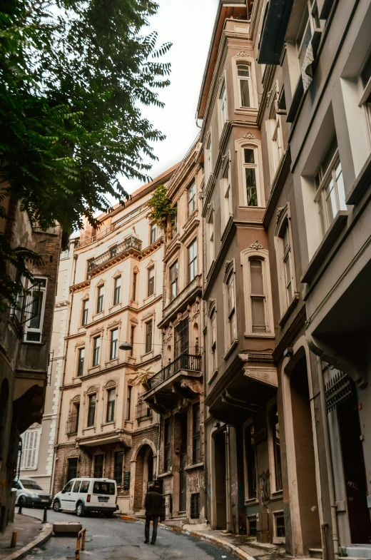 a person walking down a street next to tall buildings, by Niyazi Selimoglu, renaissance, preserved historical, neoclassical architecture, brown, with lots of vegetation