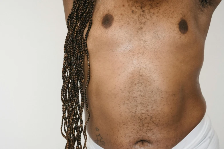 a close up of a person with no shirt on, trending on pexels, light-brown skin, full bodied portrait, human bodies intertwined, parted hair