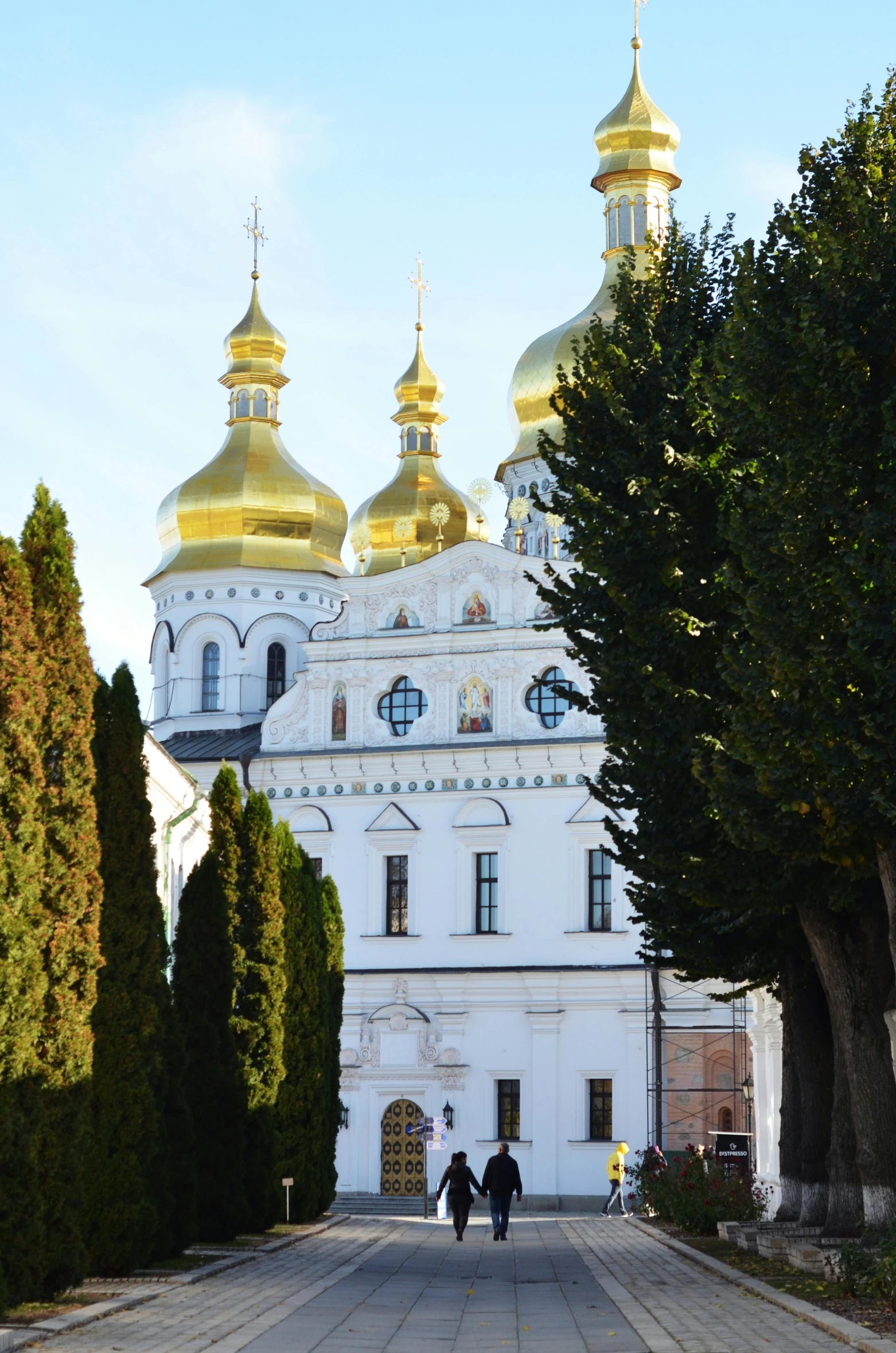 a couple of people that are walking down a street, inspired by Andrei Rublev, baroque, black domes and spires, golden sacred tree, rye (shishkin), exterior view