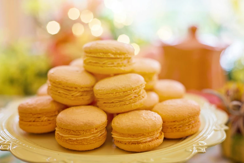 a pile of macarons sitting on top of a plate, by Sylvia Wishart, pexels, rococo, orange yellow ethereal, square, holiday, 1x