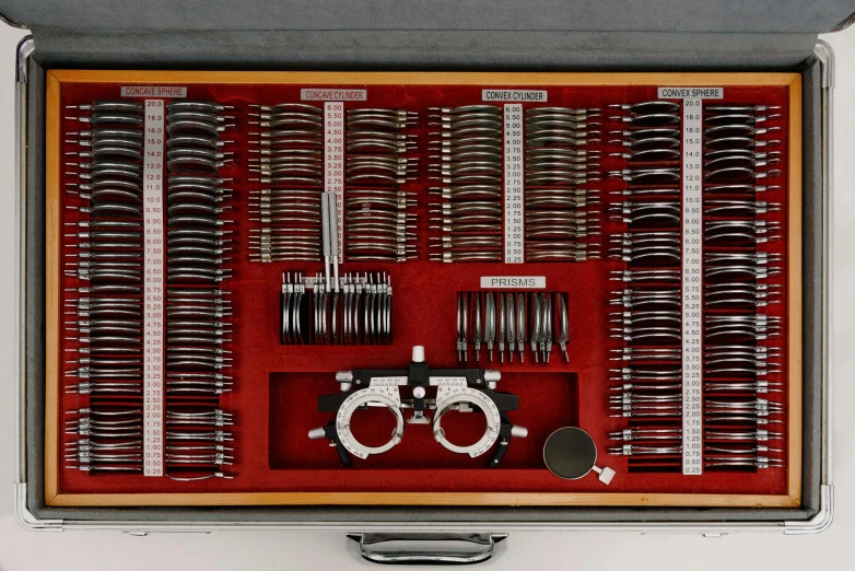 a case that has a bunch of scissors in it, bauhaus, optical lenses, hundreds of eyes, cogs:1000, high specs