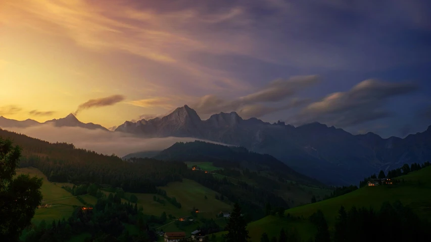 the sun is setting over a mountain range, by Sebastian Spreng, pexels contest winner, renaissance, 4 k cinematic panoramic view, summer morning light, lpoty, multiple stories