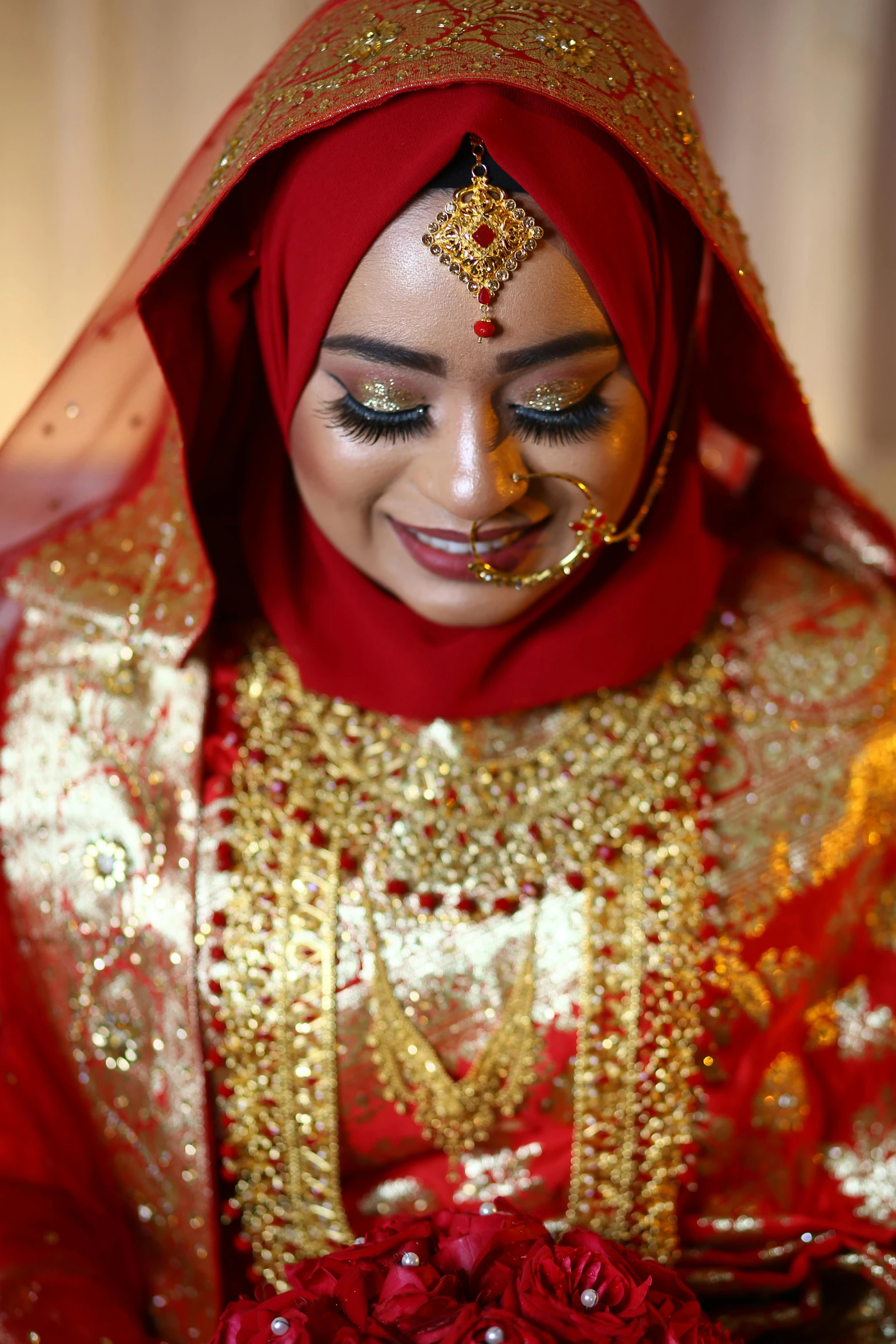 a woman in a red and gold wedding dress, a picture, pexels contest winner, hurufiyya, muslim, slightly smiling, slide show, blank