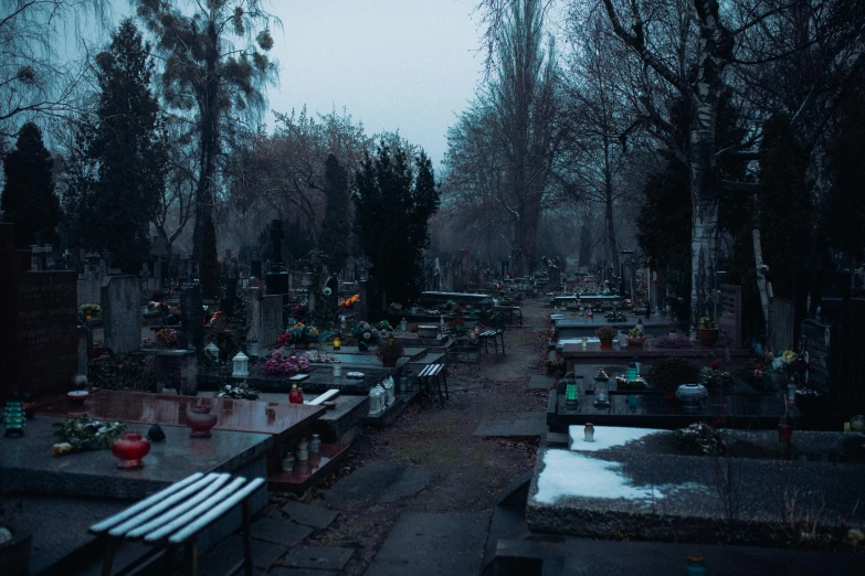 a cemetery filled with lots of tombstones and trees, an album cover, by Attila Meszlenyi, unsplash contest winner, late evening, orthodox, day of all the dead, parce sepulto