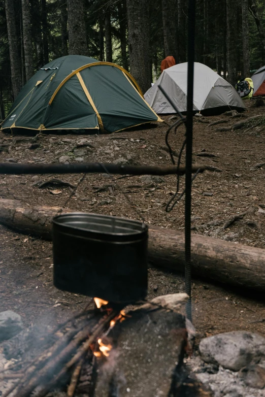 a group of tents sitting on top of a forest, large black kettle on hearth, up close, cooking, slide show