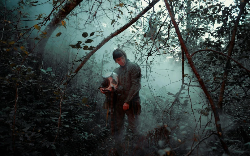 a man and a woman standing in the woods, an album cover, inspired by Elsa Bleda, conceptual art, holding a crossbow, yanjun chengt, holding a skull, cinematic shot ar 9:16 -n 6 -g