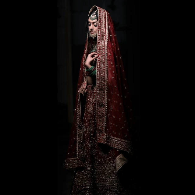 a woman in a red bridal dress standing in the dark, by Saurabh Jethani, pexels contest winner, isolated on white background, wearing traditional garb, brown, [ cinematic