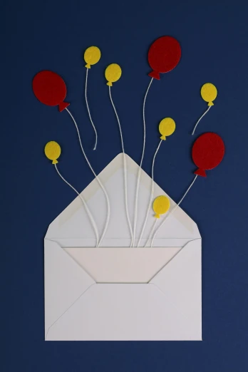 a white envelope with red and yellow balloons sticking out of it, by Ben Zoeller, paper cut art, enamel, 15081959 21121991 01012000 4k, low detail