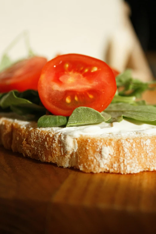 a sandwich sitting on top of a wooden cutting board, a picture, by Tom Bonson, unsplash, renaissance, also tomato, creamy, white, grazing