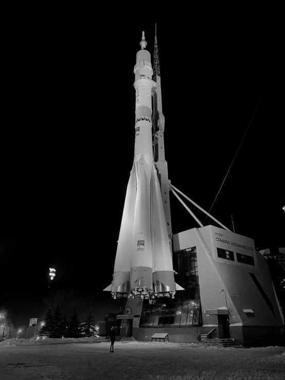 a black and white photo of a space rocket, a black and white photo, by Maurycy Gottlieb, space art, nighttime!!, high body detail, ready to model, ilustration