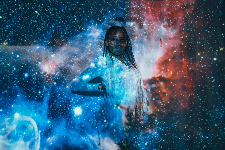 a woman standing in the middle of a galaxy, pexels contest winner, afrofuturism, psychedelics, avatar image, white tights covered in stars, woman portrait made out of paint