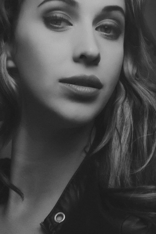 a black and white photo of a woman with long hair, inspired by irakli nadar, tumblr, photorealism, portrait of scarlett johansson, neck zoomed in from lips down, sydney sweeney, ((portrait))
