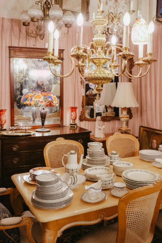 a dining room filled with furniture and a chandelier, flickr, maximalism, demur, rosenthal, soft lighting sold at an auction, 2 5 6 x 2 5 6 pixels