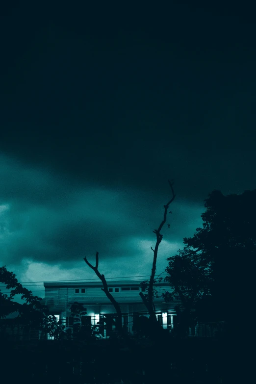 a dark sky with clouds and trees in the foreground, inspired by Elsa Bleda, pexels contest winner, magical realism, moonlit kerala village, cyan lightning, overcast!!! cinematic focus, ☁🌪🌙👩🏾