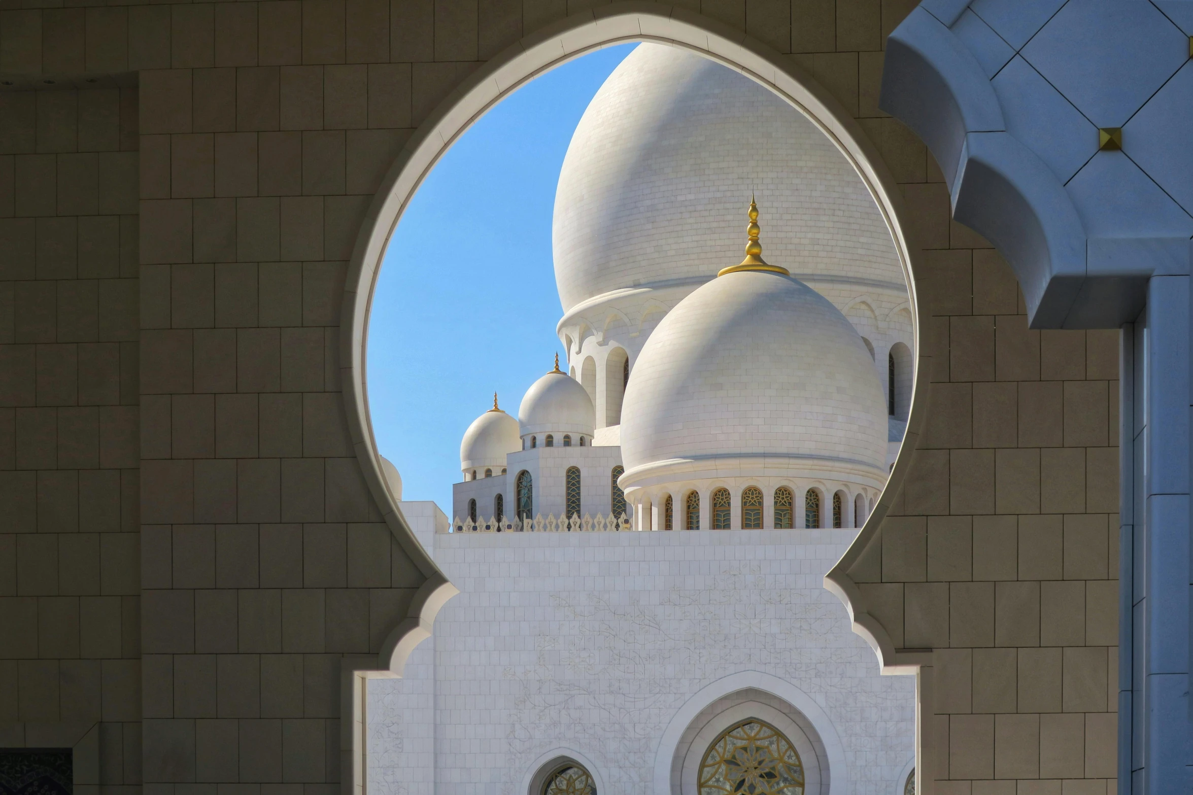 a group of people standing in front of a white building, domes, there are archways, ameera al taweel, window view