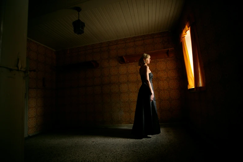 a woman standing in a dark room in front of a window, an album cover, wearing a formal dress, sun lighting, profile image, inside a haunted house