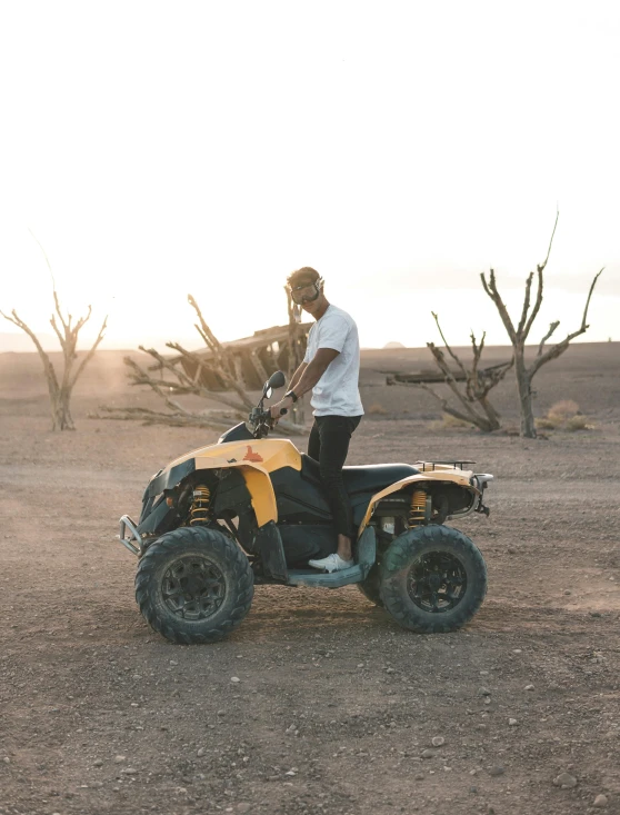 a man riding an atv in the desert, a picture, pexels contest winner, full body shot 4k, profile image, instagram story, farming