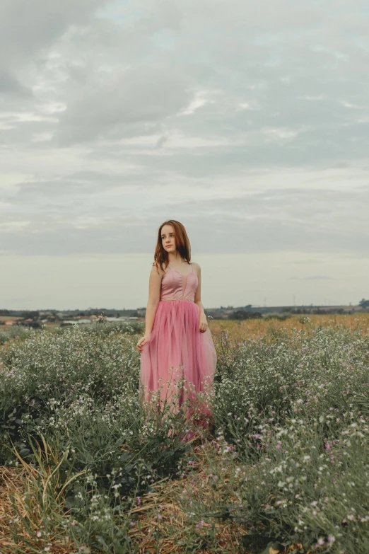 a woman in a pink dress standing in a field, an album cover, pexels contest winner, portrait of sanna marin, low quality photo, wide - shot, a redheaded young woman