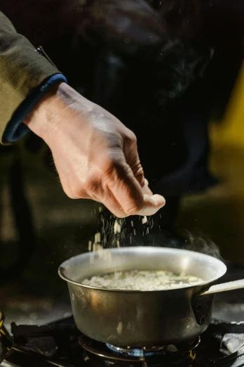 a person stirring something into a pot on a stove, by Dan Frazier, mash potatoes, practical effects, textured, hand