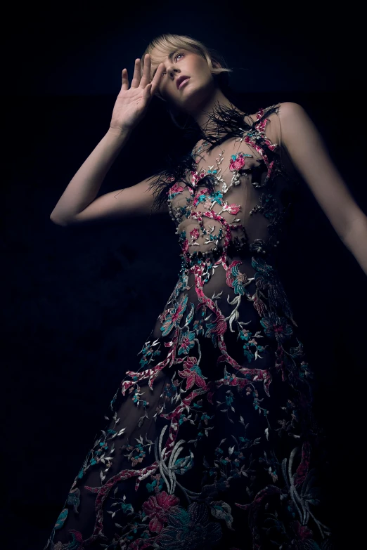 a woman in a dress standing in the dark, a digital rendering, inspired by Antoni Brodowski, trending on pexels, baroque, floral embroidery, haute couture fashion shoot, zoomed in, vines