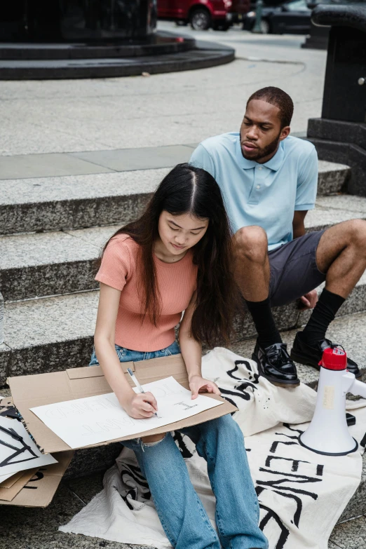 a couple of people that are sitting on some steps, a drawing, trending on unsplash, visual art, signing a bill, college students, cardboard, off - white collection