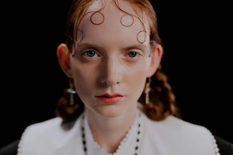 a close up of a woman with red hair, an album cover, inspired by Lucas Cranach the Elder, trending on pexels, girl with a pearl earringl, white cyborg fashion shot, two pigtails hairstyle, moody : : wes anderson