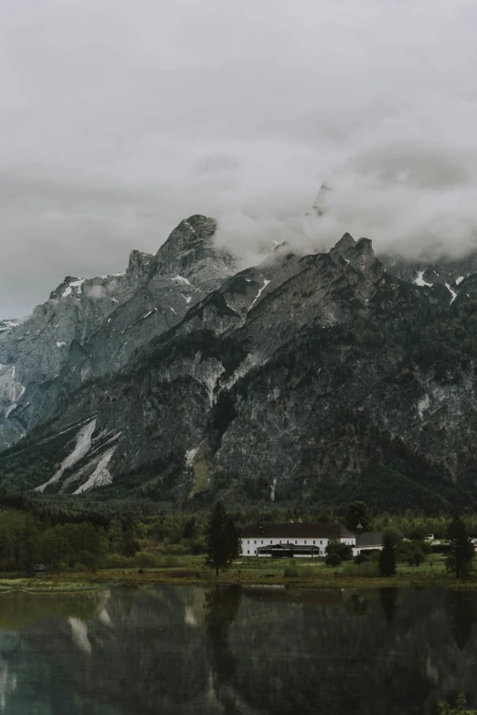 a body of water with mountains in the background, by Johannes Voss, pexels contest winner, process art, alpine architecture, overcast gray skies, 4 k cinematic panoramic view, breathtaking face