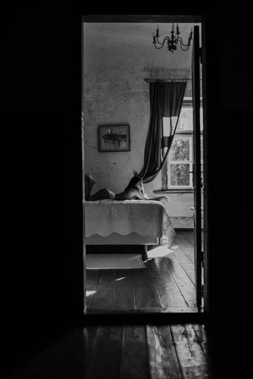a black and white photo of a bedroom, a black and white photo, by Zsolt Bodoni, about to enter doorframe, leonid, summer afternoon, dream