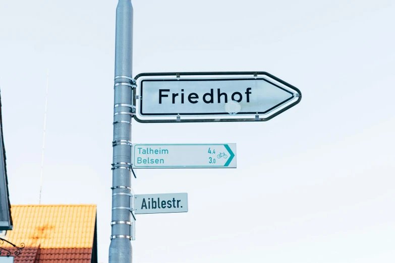 a pole with a bunch of street signs on it, an album cover, inspired by Adolf Fényes, unsplash, arbeitsrat für kunst, happy friend, helmond, trident, font
