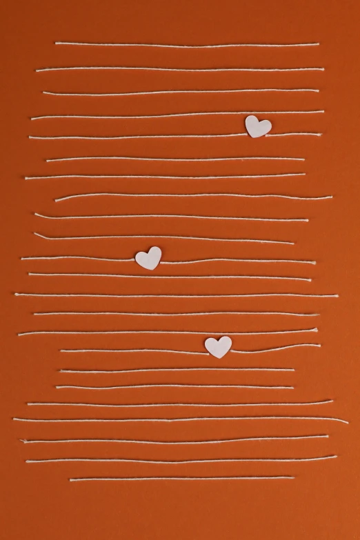 a painting with white hearts on an orange background, by Lucette Barker, conceptual art, strings, minimalist art, low detail, promo image