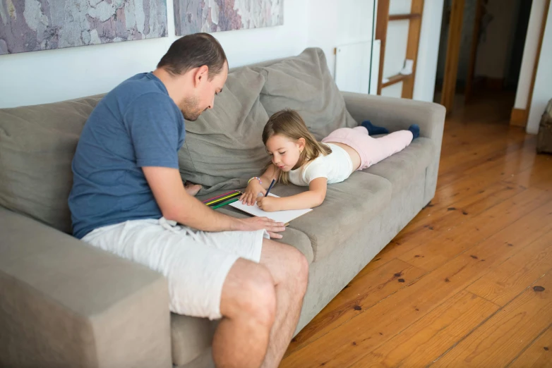 a man and a little girl sitting on a couch, a child's drawing, pexels contest winner, 15081959 21121991 01012000 4k, reading a book, relaxed posture, a high angle shot