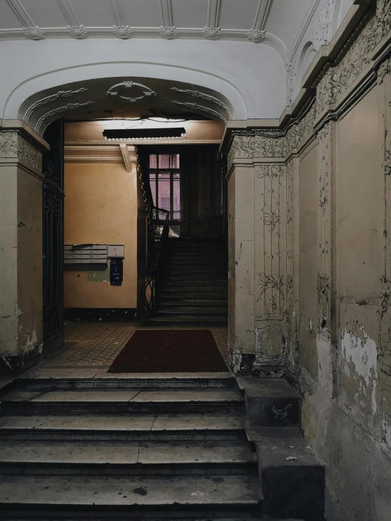 a set of stairs leading up to a door, inspired by Thomas Struth, pexels contest winner, soviet apartment building, faded glow, inside a grand, an escape room in a small