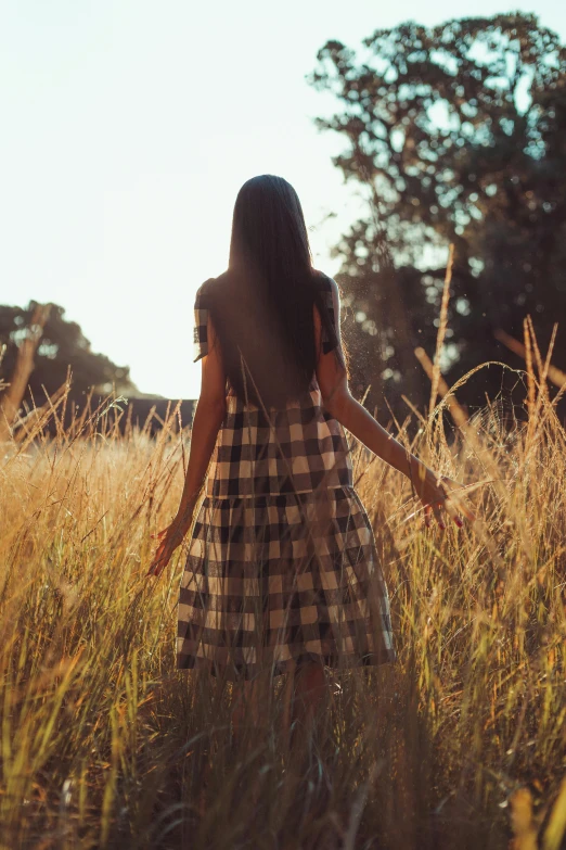 a woman standing in a field of tall grass, unsplash, back lit, wearing sundress, sydney park, woman