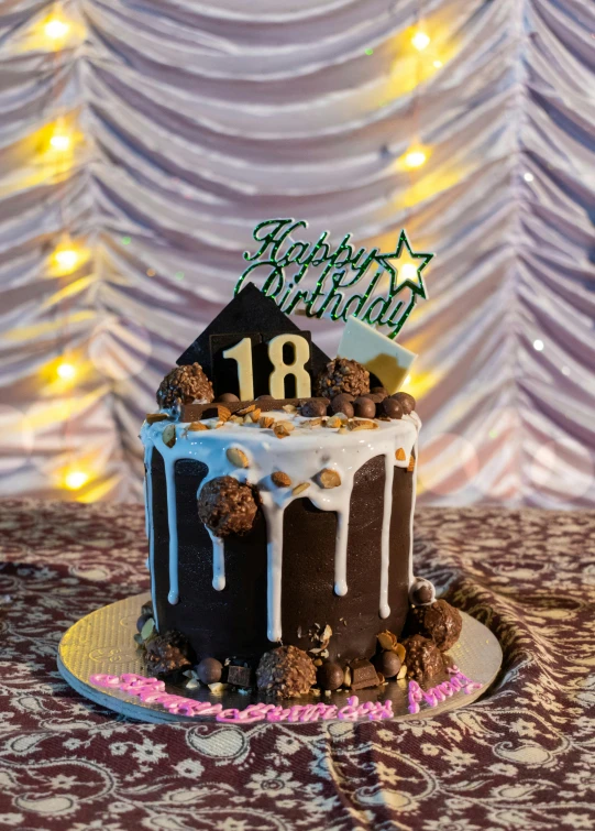 a birthday cake sitting on top of a table, 1 8 year limit, award - winning crisp details ”, full round face!, extremely high budget