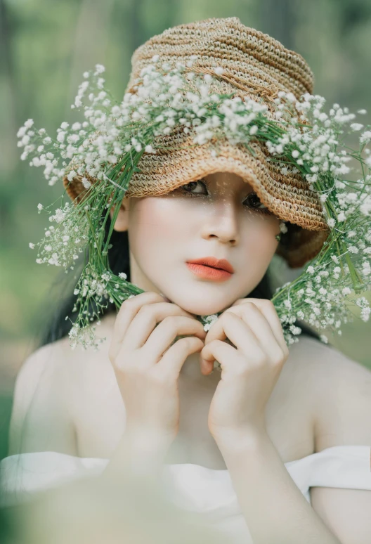 a woman wearing a straw hat with baby's breath, by Tan Ting-pho, aestheticism, beautiful pale makeup, 8 k ), portrait featured on unsplash, korean girl